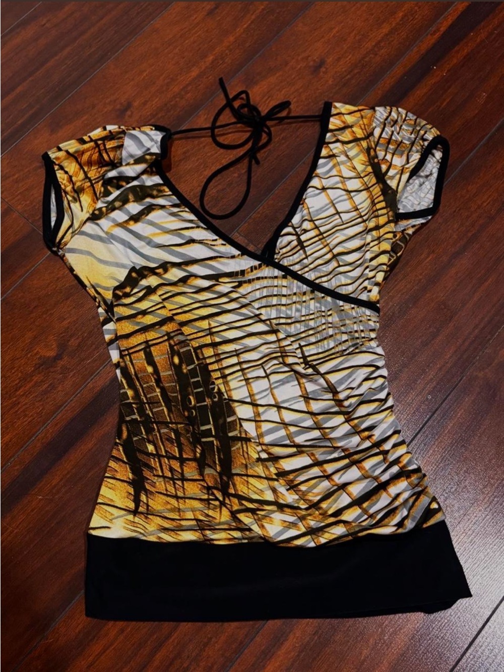 True light Yellow and Black Abstract Wrap-Style V-Neck Camisole
